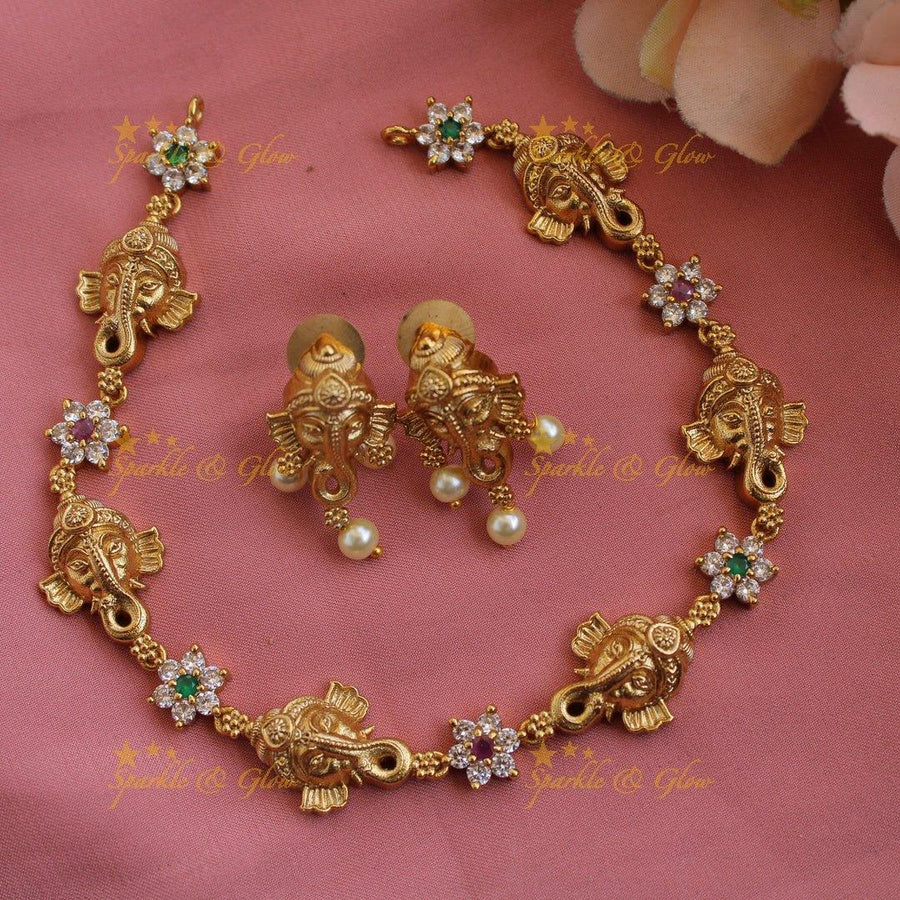 Ganesha floral design AD short necklace with multi colour stones - Sparkle and Glow