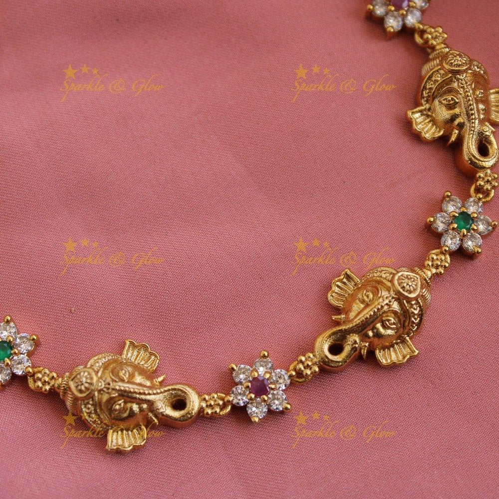 Ganesha floral design AD short necklace with multi colour stones - Sparkle and Glow