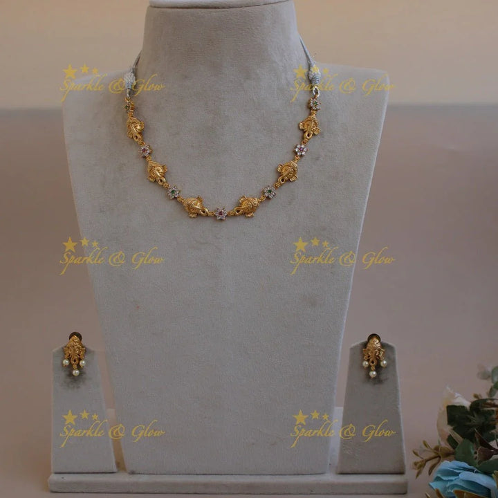 Ganesha floral design AD short necklace with multi colour stones - Sparkle and Glow