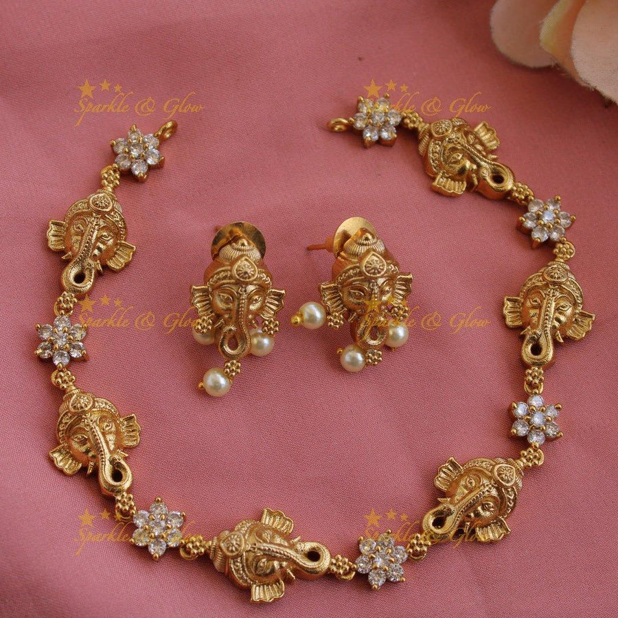 Ganesha floral design AD short necklace with white colour stones - Sparkle and Glow