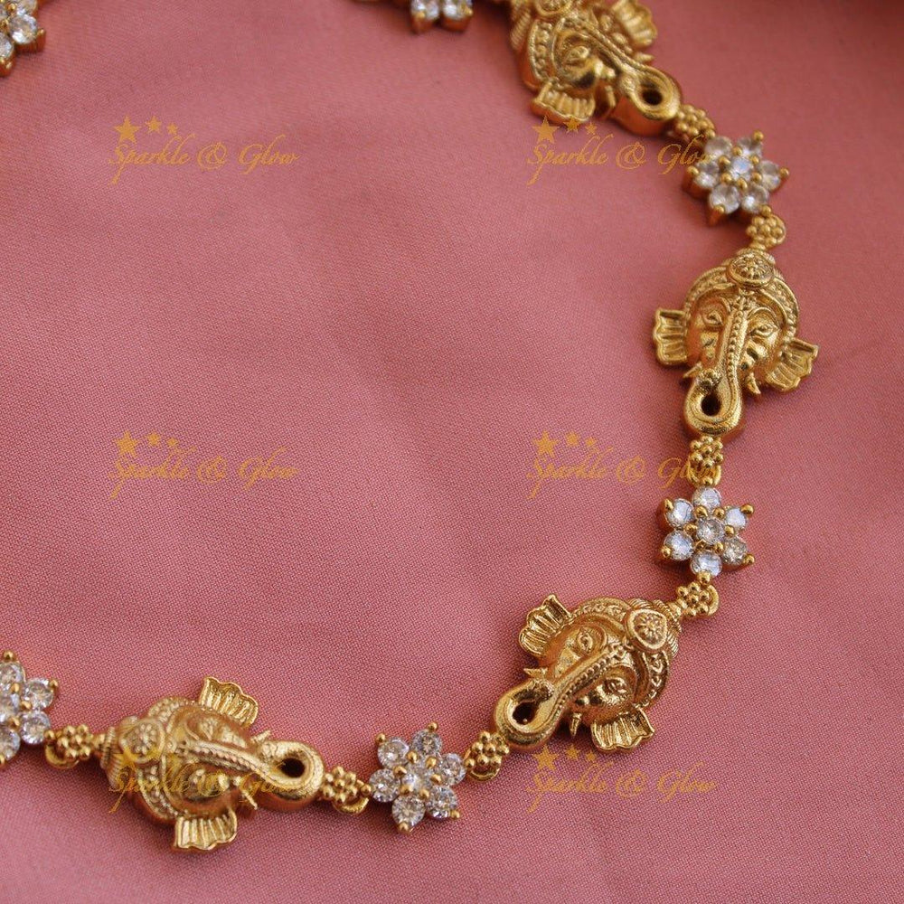 Ganesha floral design AD short necklace with white colour stones - Sparkle and Glow