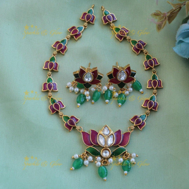 Beautiful Lotus design jadau short necklace with pearl and mint green beads - Sparkle and Glow