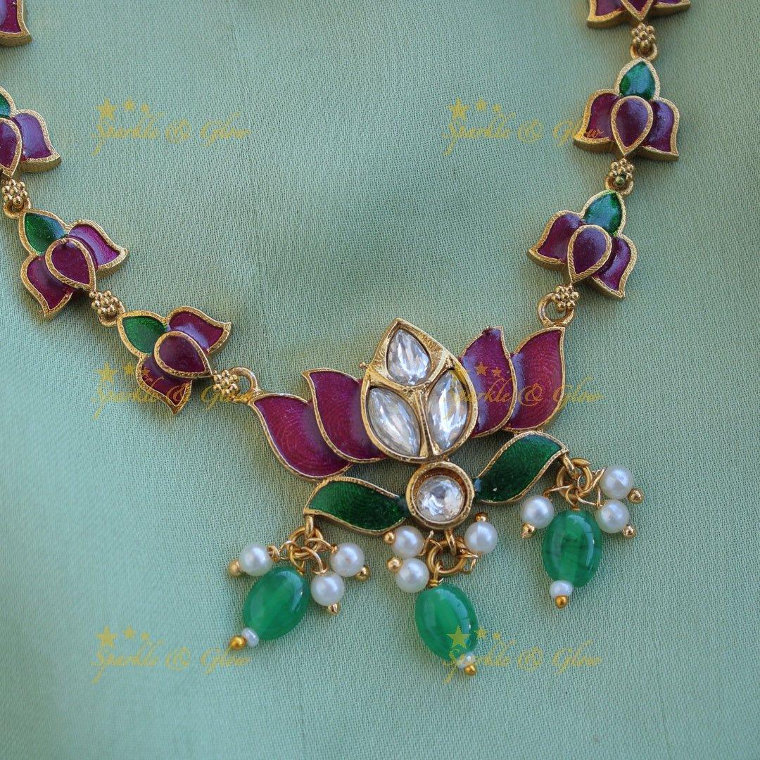 Beautiful Lotus design jadau short necklace with pearl and mint green beads - Sparkle and Glow
