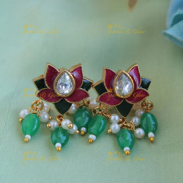 Beautiful Lotus design jadau short necklace with pearl and mint green beads - Sparkle and Glow