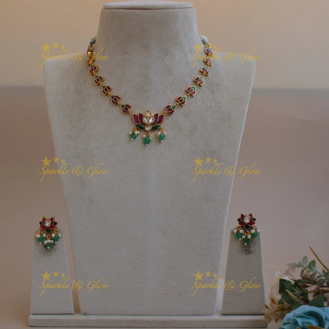Beautiful Lotus design jadau short necklace with pearl and mint green beads - Sparkle and Glow