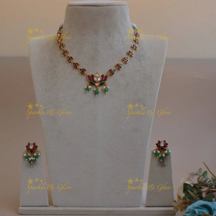 Beautiful Lotus design jadau short necklace with pearl and mint green beads - Sparkle and Glow
