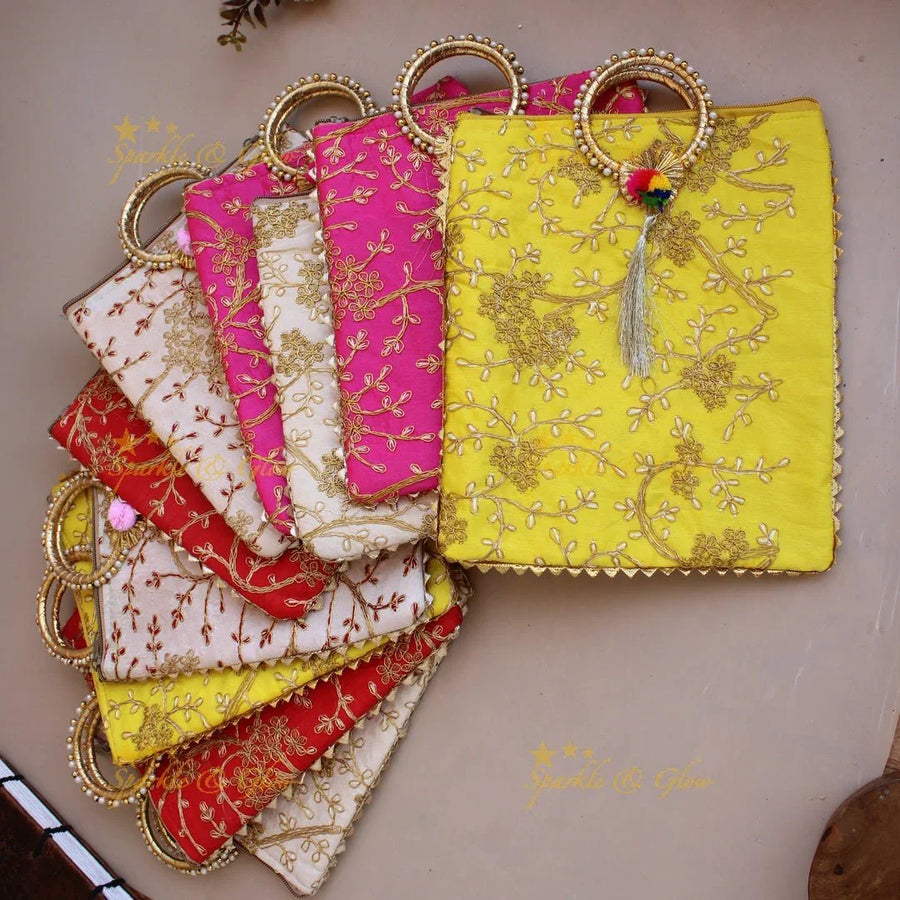 Gold and silver Floral Embroidered 10*9 inch rectangle bags round handle - Sparkle and Glow