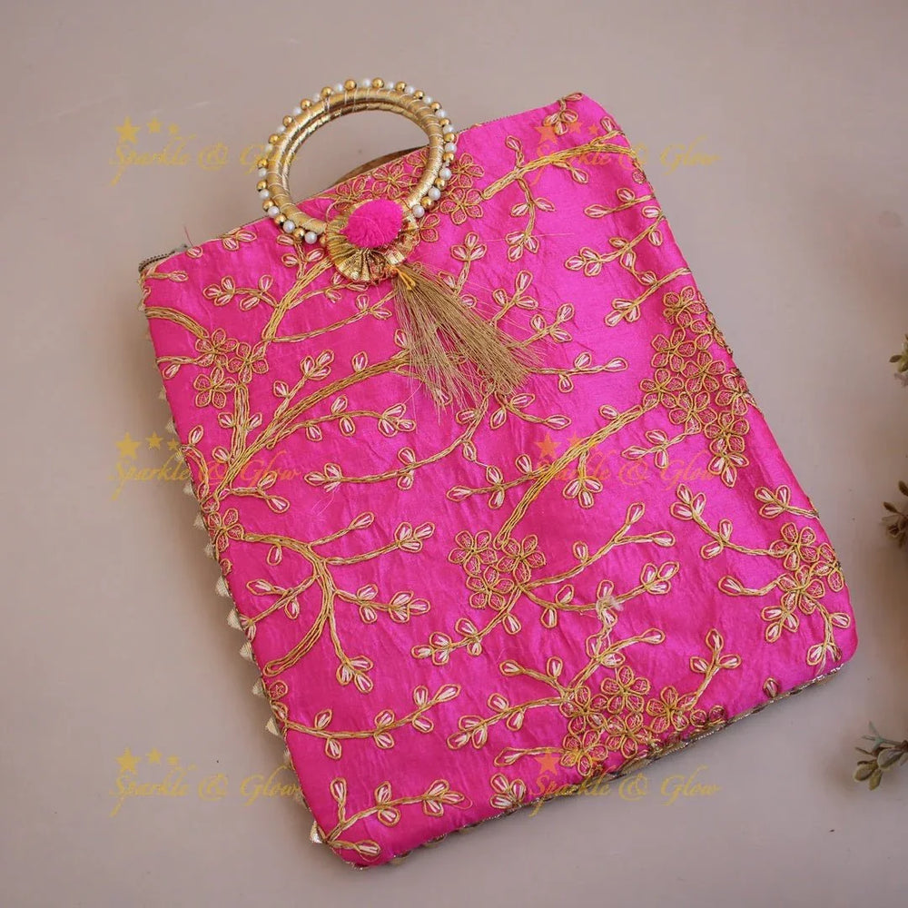 Gold and silver Floral Embroidered 10*9 inch rectangle bags round handle - Sparkle and Glow