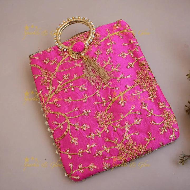 Gold and silver Floral Embroidered 10*9 inch rectangle bags round handle - Sparkle and Glow