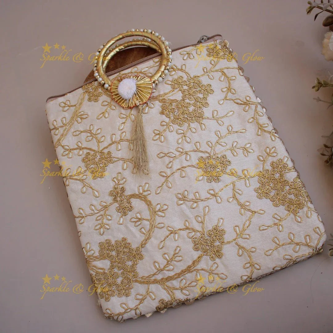Gold and silver Floral Embroidered 10*9 inch rectangle bags round handle - Sparkle and Glow