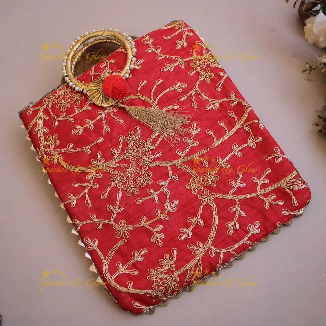 Gold and silver Floral Embroidered 10*9 inch rectangle bags round handle - Sparkle and Glow