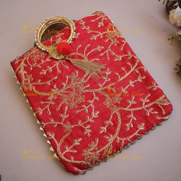 Gold and silver Floral Embroidered 10*9 inch rectangle bags round handle - Sparkle and Glow
