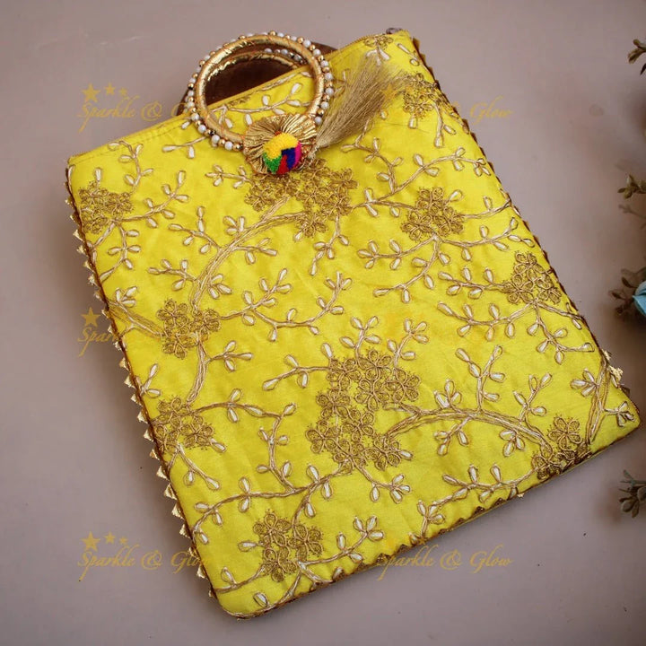 Gold and silver Floral Embroidered 10*9 inch rectangle bags round handle - Sparkle and Glow