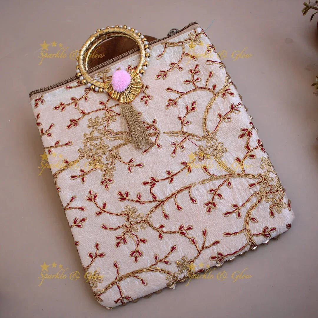 Gold and silver Floral Embroidered 10*9 inch rectangle bags round handle - Sparkle and Glow