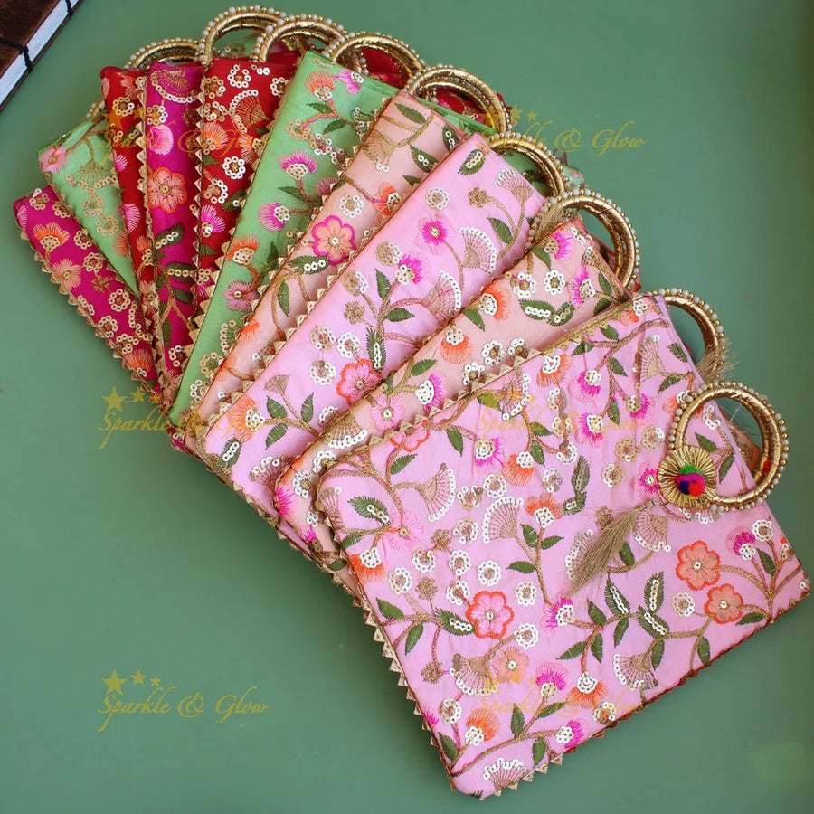 Floral Embroidered and sequence work 10*9 inch rectangle bags round handle - Sparkle and Glow
