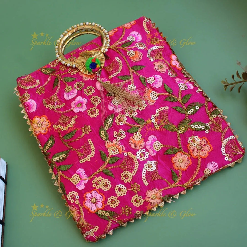 Floral Embroidered and sequence work 10*9 inch rectangle bags round handle - Sparkle and Glow