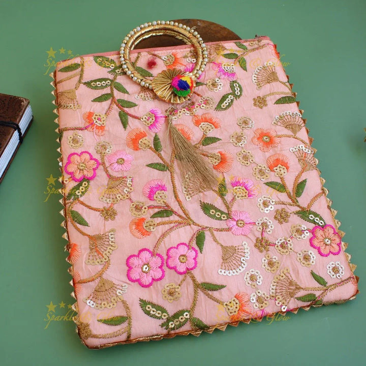 Floral Embroidered and sequence work 10*9 inch rectangle bags round handle - Sparkle and Glow