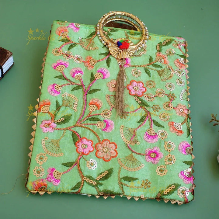 Floral Embroidered and sequence work 10*9 inch rectangle bags round handle - Sparkle and Glow