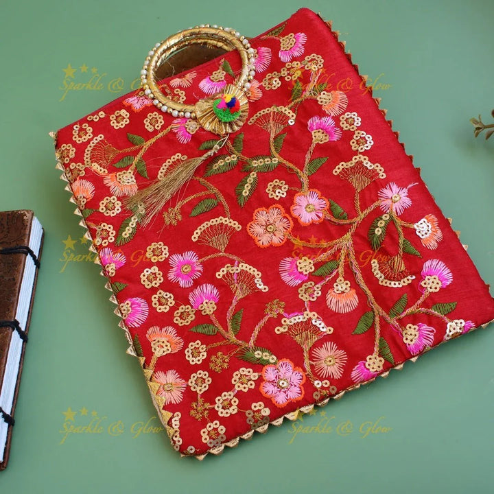 Floral Embroidered and sequence work 10*9 inch rectangle bags round handle - Sparkle and Glow