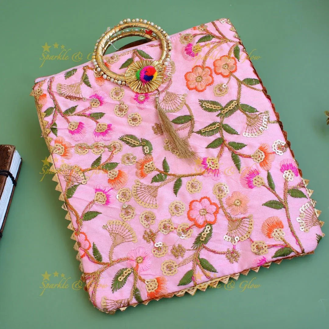 Floral Embroidered and sequence work 10*9 inch rectangle bags round handle - Sparkle and Glow