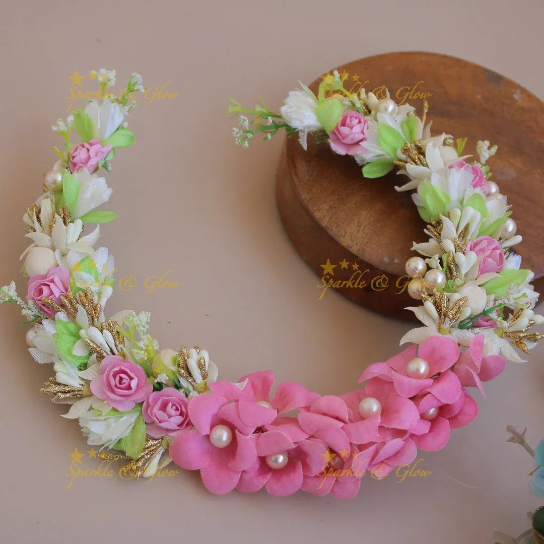 Beautiful Pink rose Lilly flower look alike with pearls hair veena,gajra - Sparkle and Glow