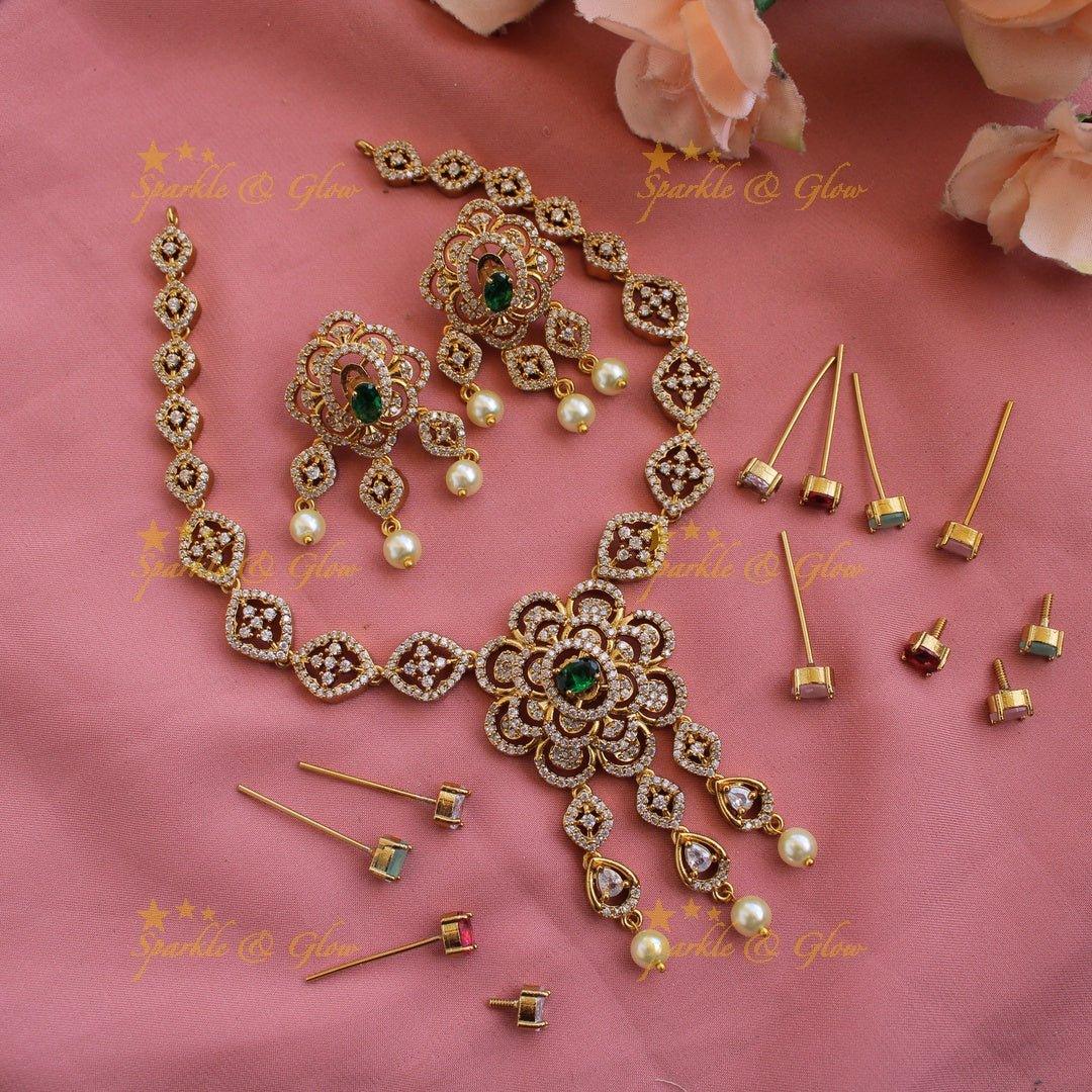 Elegant floral design AD short necklace with pearl drops with multi colour interchangeable stones - Sparkle and Glow