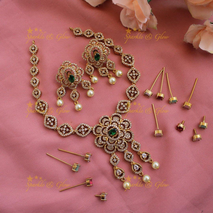 Elegant floral design AD short necklace with pearl drops with multi colour interchangeable stones - Sparkle and Glow