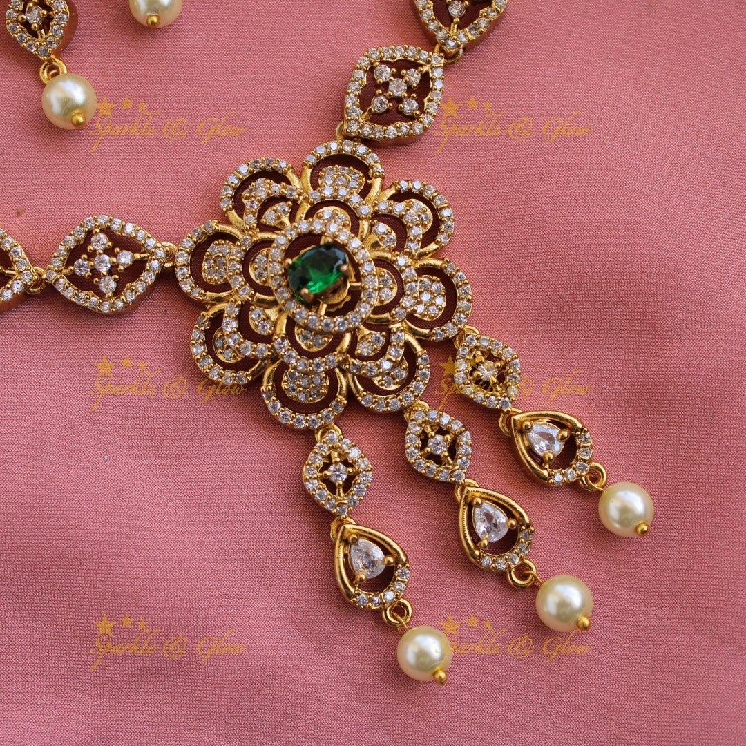 Elegant floral design AD short necklace with pearl drops with multi colour interchangeable stones - Sparkle and Glow