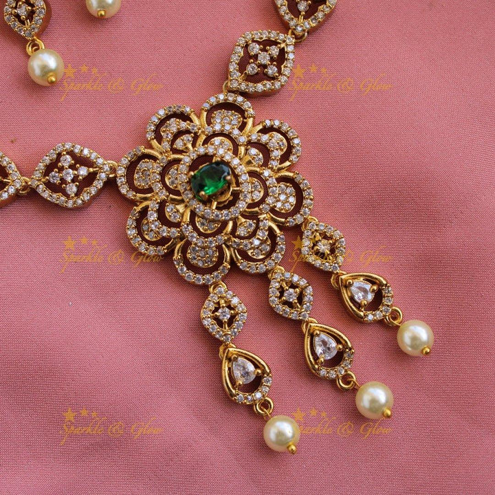 Elegant floral design AD short necklace with pearl drops with multi colour interchangeable stones - Sparkle and Glow
