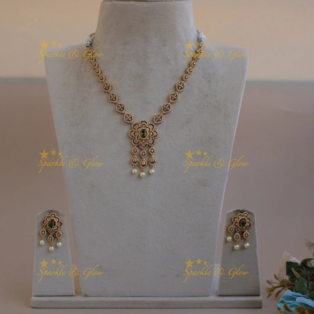 Elegant floral design AD short necklace with pearl drops with multi colour interchangeable stones - Sparkle and Glow