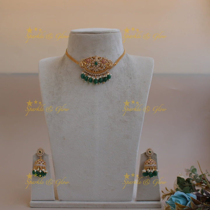 Stunning Floral peacock design AD choker with ruby emerald and green beads - Sparkle and Glow - Green - Back Thread
