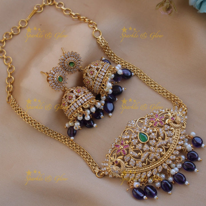 Stunning Floral peacock design AD choker with ruby emerald and green beads - Sparkle and Glow - Green - Back Thread