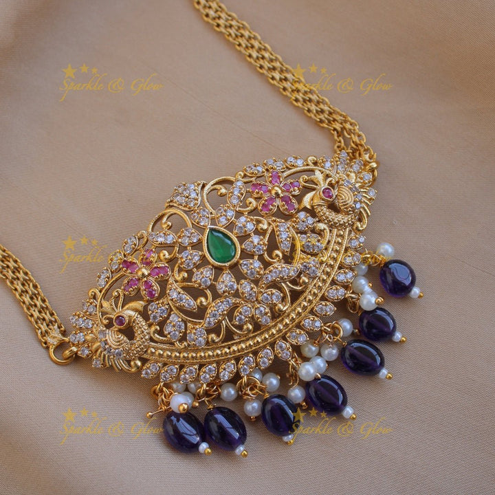 Stunning Floral peacock design AD choker with ruby emerald and green beads - Sparkle and Glow - Purple - Back Thread