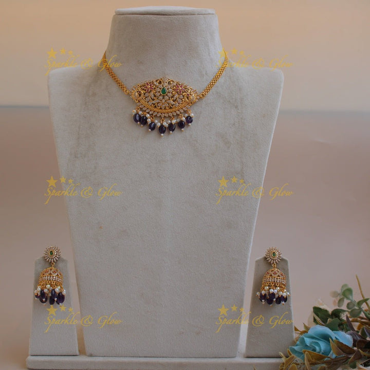 Stunning Floral peacock design AD choker with ruby emerald and green beads - Sparkle and Glow - Green - Back Thread
