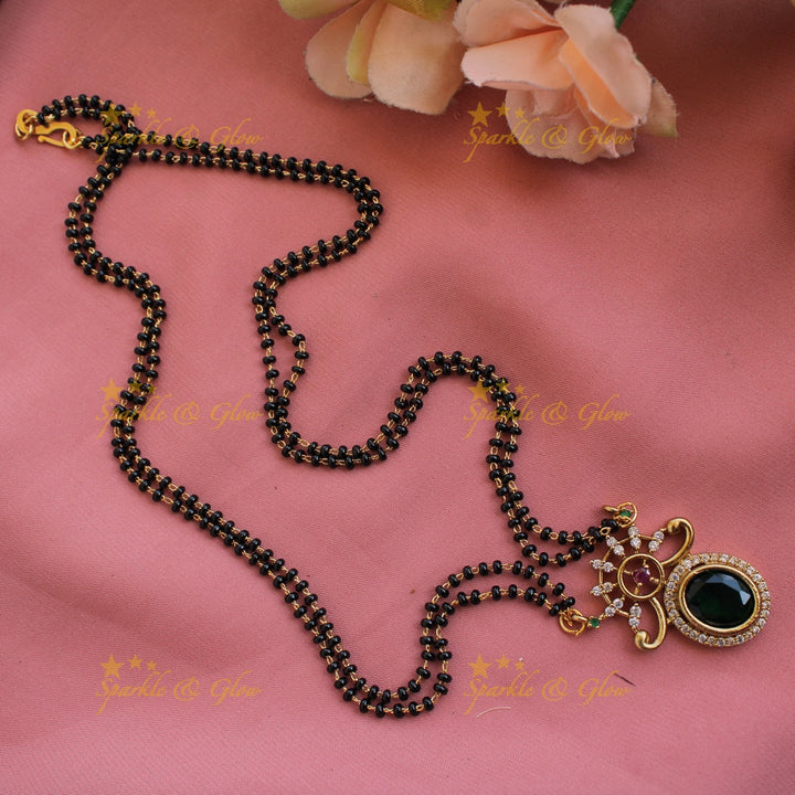 Statement floral design oval stone pendant two layer black beads necklace , mangalsutra - maroon