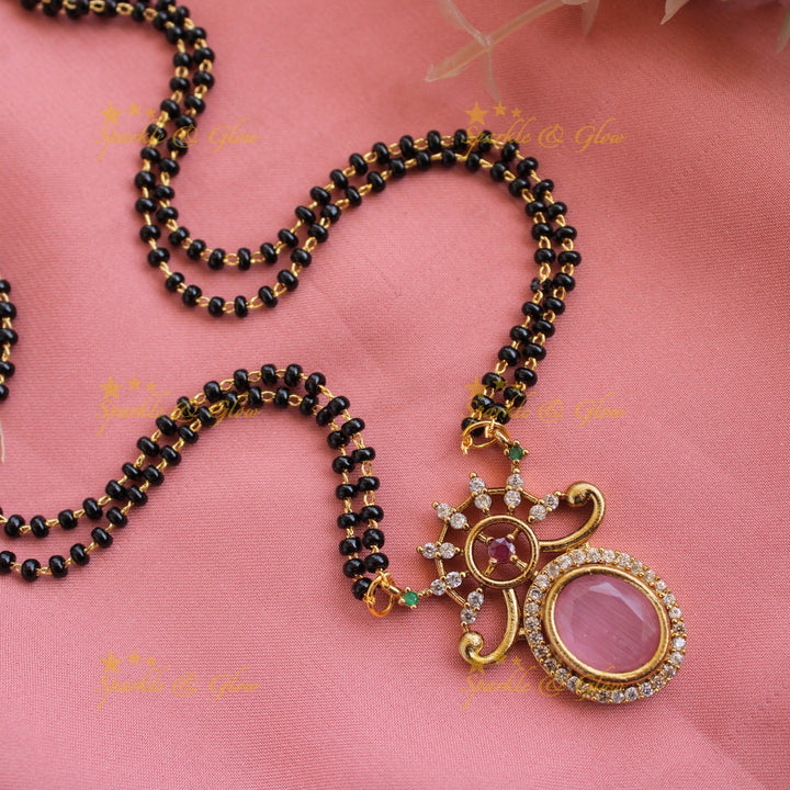Statement floral design oval stone pendant two layer black beads necklace , mangalsutra - baby pink
