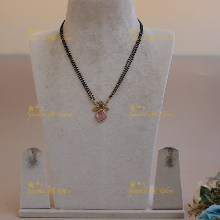 Statement floral design oval stone pendant two layer black beads necklace , mangalsutra - baby pink