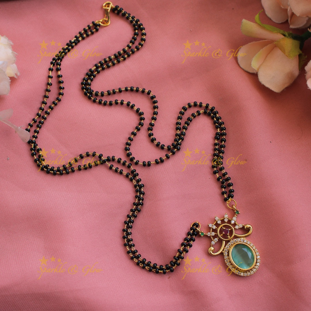 Statement floral design oval stone pendant two layer black beads necklace , mangalsutra - maroon