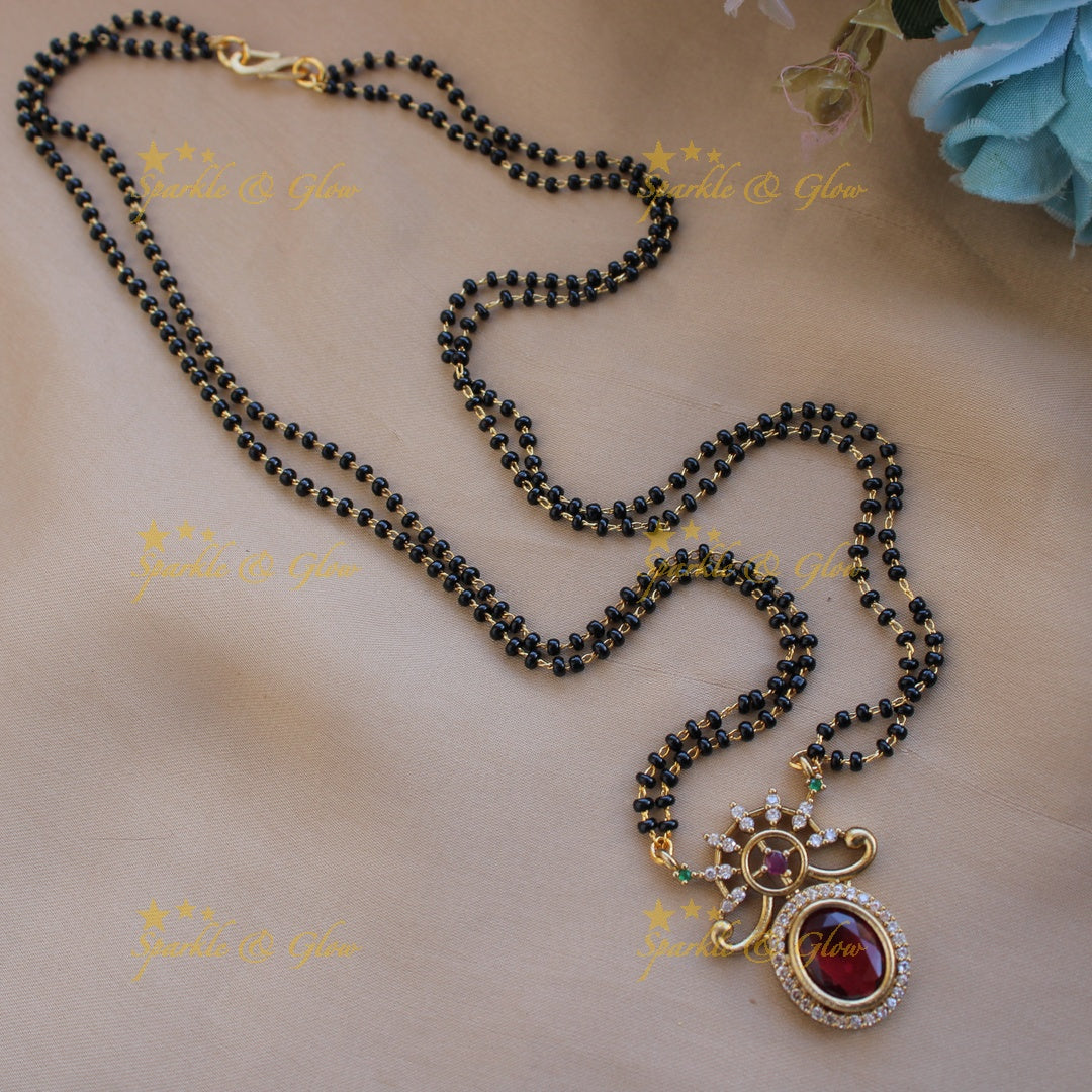 Statement floral design oval stone pendant two layer black beads necklace , mangalsutra - maroon