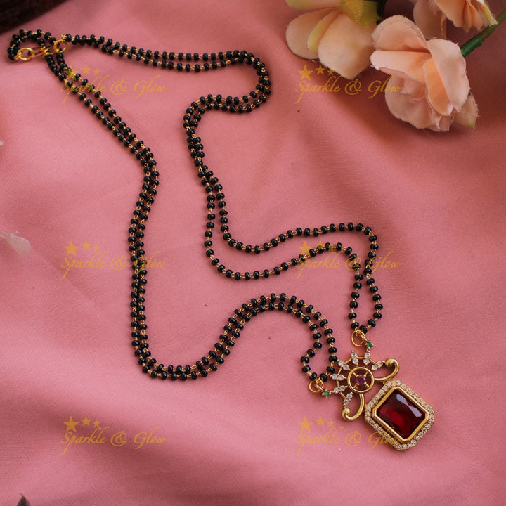 Statement floral design square stone pendant two layer black beads necklace , mangalsutra - mint green