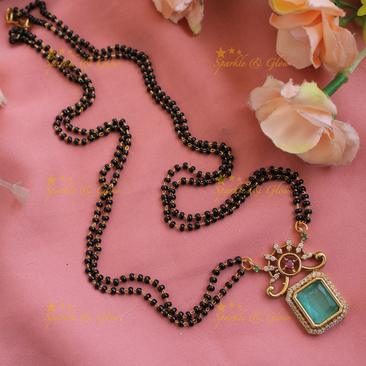 Statement floral design square stone pendant two layer black beads necklace , mangalsutra - mint green