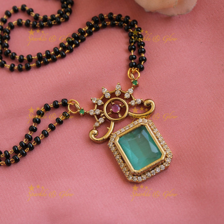 Statement floral design square stone pendant two layer black beads necklace , mangalsutra - mint green