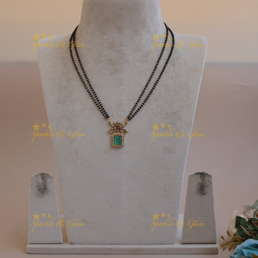 Statement floral design square stone pendant two layer black beads necklace , mangalsutra - mint green
