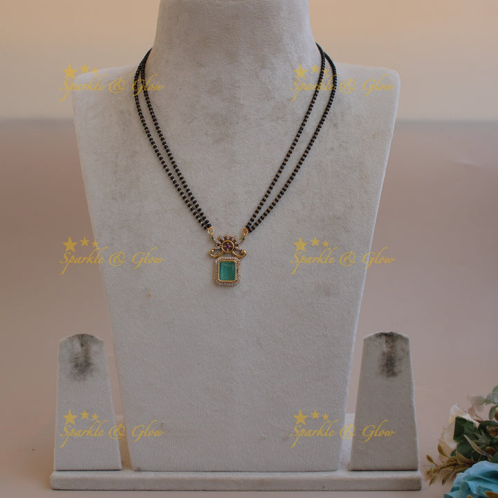 Statement floral design square stone pendant two layer black beads necklace , mangalsutra - mint green