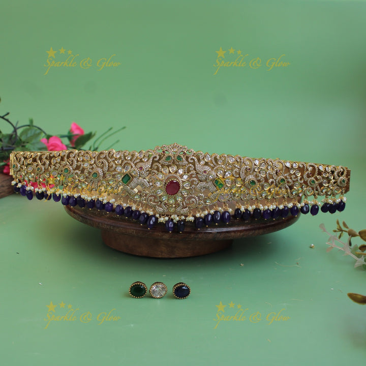 Stunning Elephant peacock design gold finish victorian ad hipbelt with interchangeable stones and Mint green beads