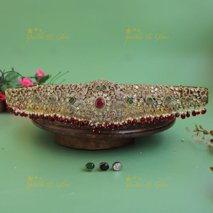 Stunning Elephant peacock design gold finish victorian ad hipbelt with interchangeable stones and blue beads - Sparkle and Glow - Red - 