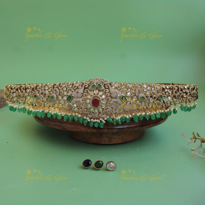 Stunning Elephant peacock design gold finish victorian ad hipbelt with interchangeable stones and blue beads - Sparkle and Glow - Mintgreen - 