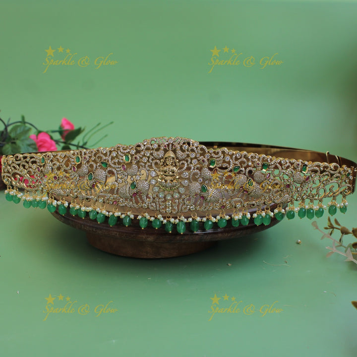 Gorgeous Lakshmi peacock elephant carved gold finish victorian ad hipbelt with ruby emerald and Mint green beads