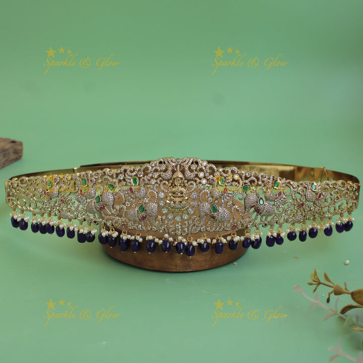 Gorgeous Lakshmi peacock elephant carved gold finish victorian ad hipbelt with ruby emerald and Mint green beads