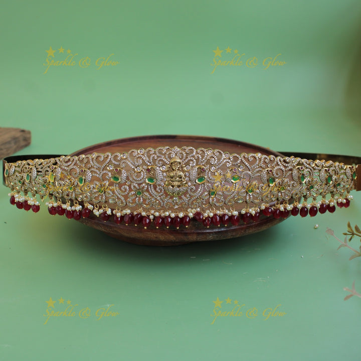 Gorgeous Lakshmi peacock carved gold finish victorian ad hipbelt with ruby emerald and red beads